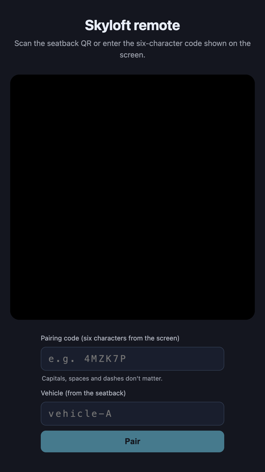 The Skyloft web remote pairing screen on a phone: 'Skyloft remote — scan the seatback QR or enter the six-character code', a scanner viewport, and fields for the pairing code and vehicle name with a Pair button.